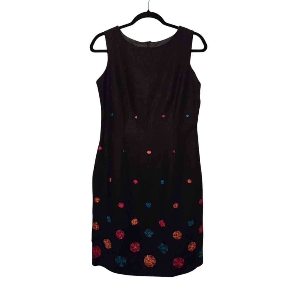 Vtg John Roberts Linen Dress Womens Sz 6 Black Lined Embroidered Polka Dot Artsy